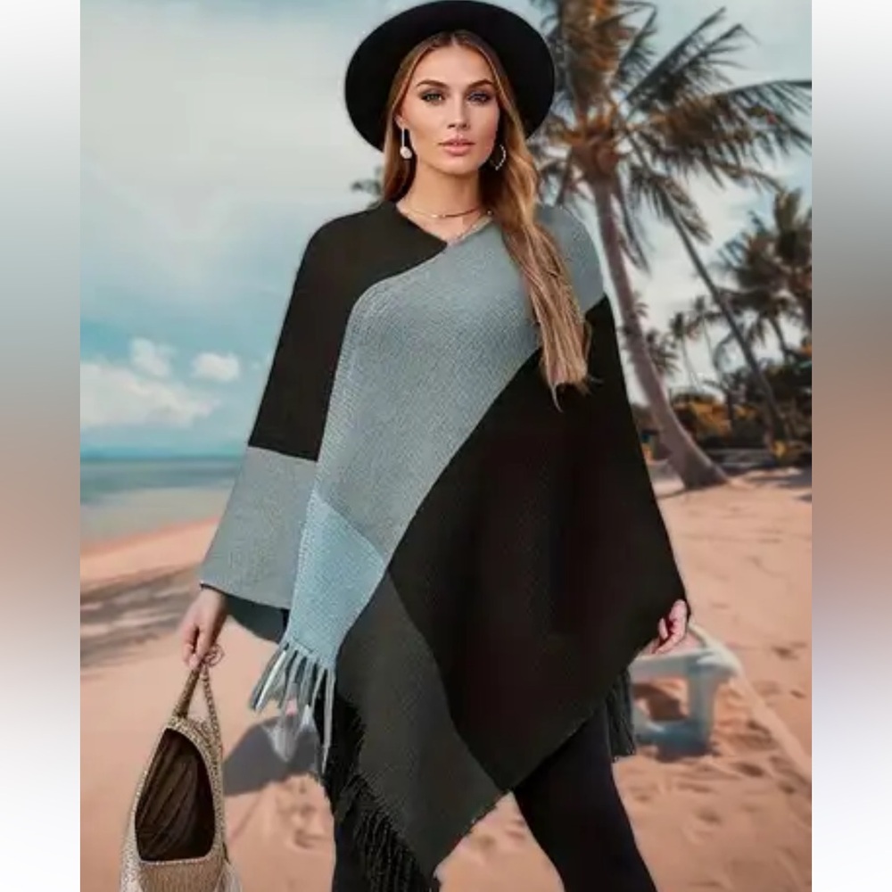OSFM Black Blue and Grey Color Block Knit Poncho with Fringe